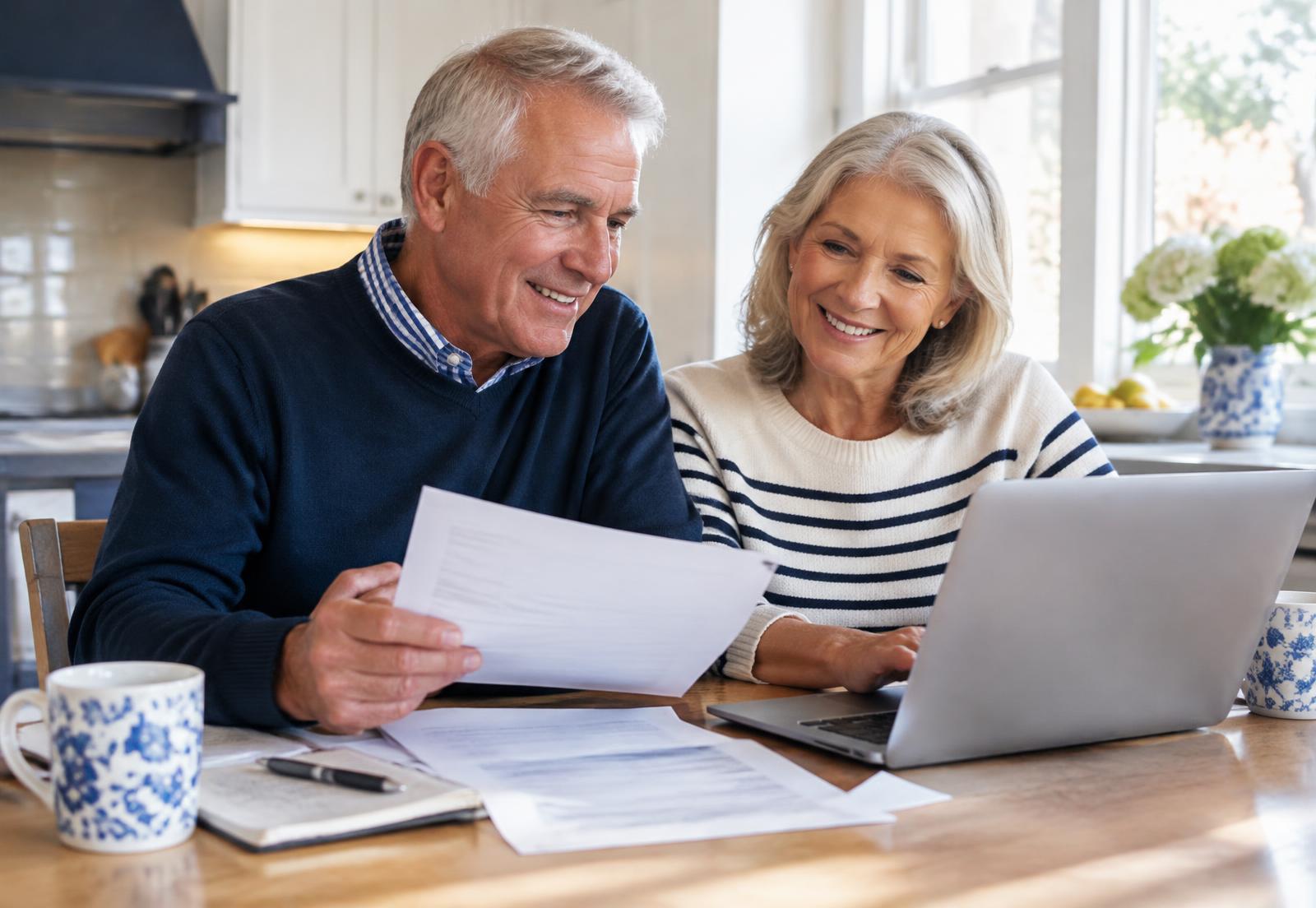 Senior couple reviewing papers and a laptop together at their kitchen table